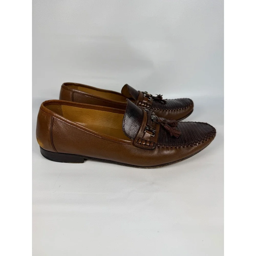 Mezlan Cafaro Brown Genuine Lizard Leather Tassel Loafer Shoes‎ Mens Size 10